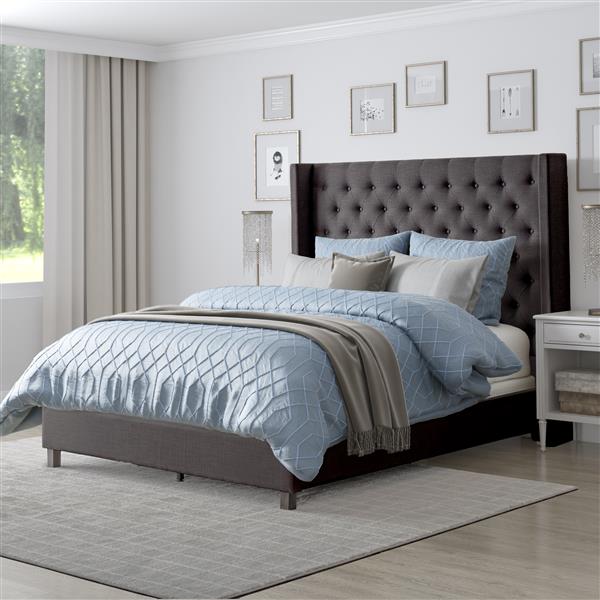 Corliving Tufted Fabric Bed With Wings, Charcoal Grey Upholstered Headboard