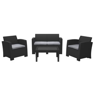 Ensemble de patio, noir avec coussins gris clair, 4 pièces