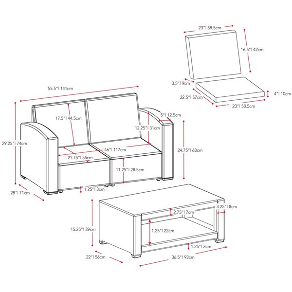 CorLiving 2pc All-Weather Black Loveseat Patio Set with Grey Cushions