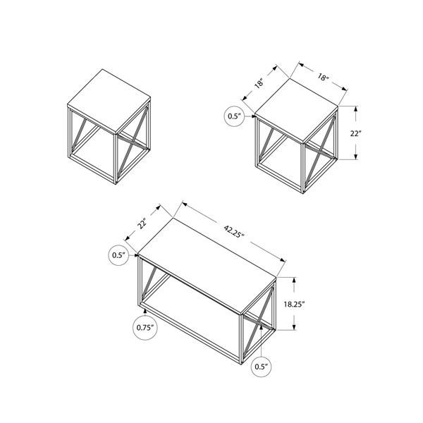 Ensemble de tables en métal, 3 mcx, blanc/argent