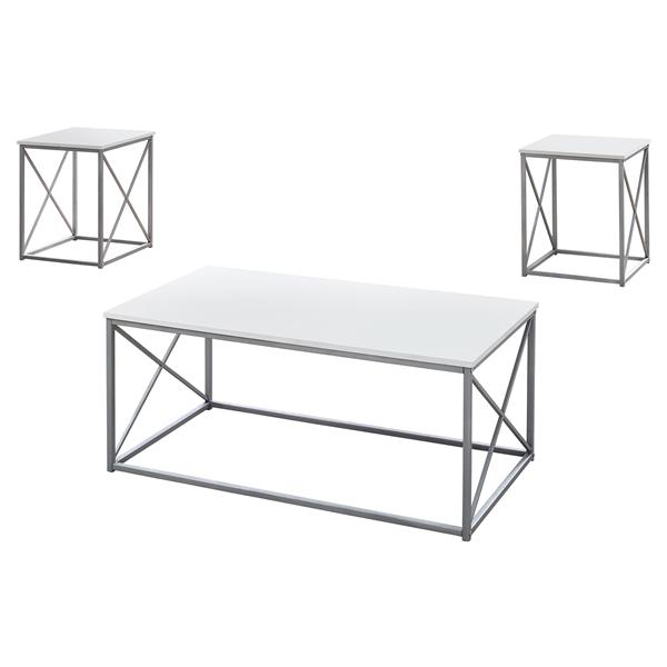 Ensemble de tables en métal, 3 mcx, blanc/argent