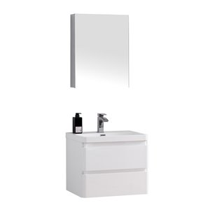 Ensemble de meuble-lavabo simple Scarlett par GEF blanc de 24 po avec comptoir en acrylique blanc et armoire à pharmacie