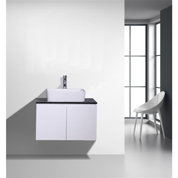 Ensemble de meuble-lavabo simple Kinley par GEF blanc de 30 po avec comptoir en verre noir