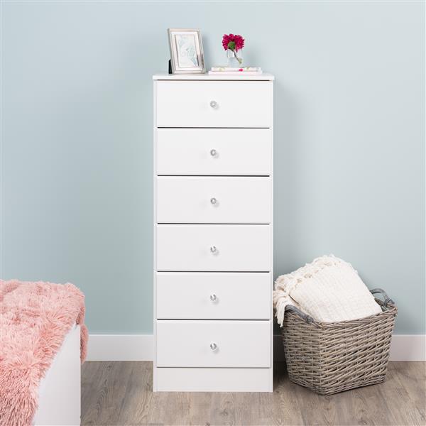 Prepac Astrid Tall Chest with Acrylic Knobs - 6-Drawer - White