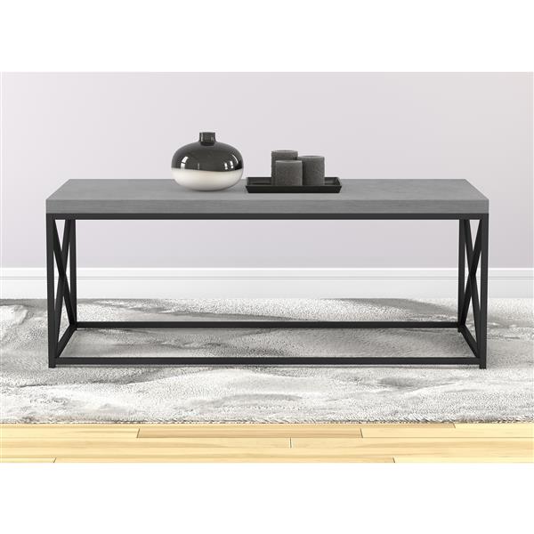 Table de salon, ciment gris et base en métal noir, 44"L