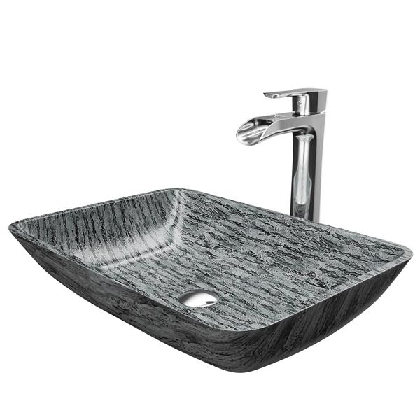VIGO Glass&nbsp;13-in W x&nbsp;18-in L&nbsp;Titanium Rectangle Vessel Bathroom Sink with Niko Faucet and Pop-Up - Chrome