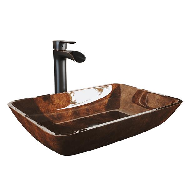 VIGO Glass Vessel Bathroom Sink with Faucet - 18-in- Bronze