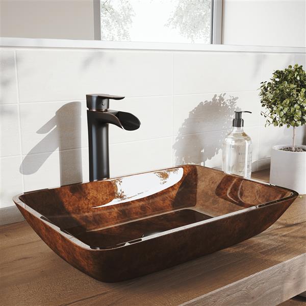 VIGO Glass Vessel Bathroom Sink with Faucet - 18-in- Bronze