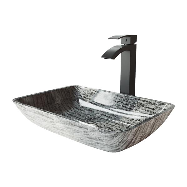 VIGO Glass&nbsp;13-in W x&nbsp;18-in L&nbsp;Titanium Rectangle Vessel Bathroom Sink with Duris Faucet and Pop-Up - Matte Black