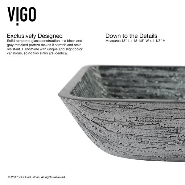 VIGO Glass&nbsp;13-in W x&nbsp;18-in L&nbsp;Titanium Rectangle Vessel Bathroom Sink with Duris Faucet and Pop-Up - Matte Black