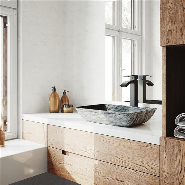 VIGO Glass&nbsp;13-in W x&nbsp;18-in L&nbsp;Titanium Rectangle Vessel Bathroom Sink with Duris Faucet and Pop-Up - Matte Black