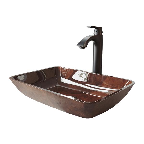 VIGO Glass&nbsp;13-in W x&nbsp;18-in L Russet Rectangle Vessel Bathroom Sink with Linus Faucet/Drain - Antique Rubbed Bronze