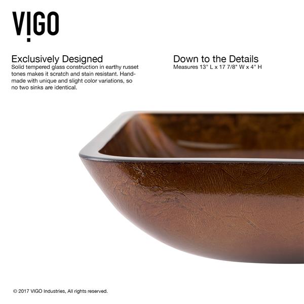 VIGO Glass&nbsp;13-in W x&nbsp;18-in L Russet Rectangle Vessel Bathroom Sink with Linus Faucet/Drain - Antique Rubbed Bronze