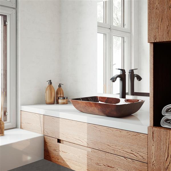 VIGO Glass&nbsp;13-in W x&nbsp;18-in L Russet Rectangle Vessel Bathroom Sink with Linus Faucet/Drain - Antique Rubbed Bronze