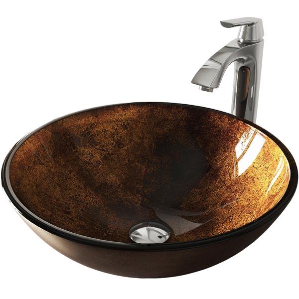 VIGO Glass&nbsp;17-in dia. Russet Round Vessel Bathroom Sink with Linus Faucet/Drain - Chrome