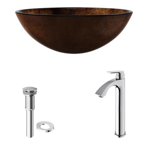 VIGO Glass&nbsp;17-in dia. Russet Round Vessel Bathroom Sink with Linus Faucet/Drain - Chrome