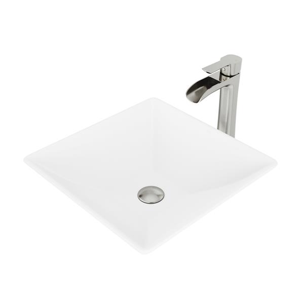VIGO Hibiscus&nbsp;16-in Matte White Stone Square Vessel Bathroom Sink with Niko Faucet/Drain - Brushed Nickel
