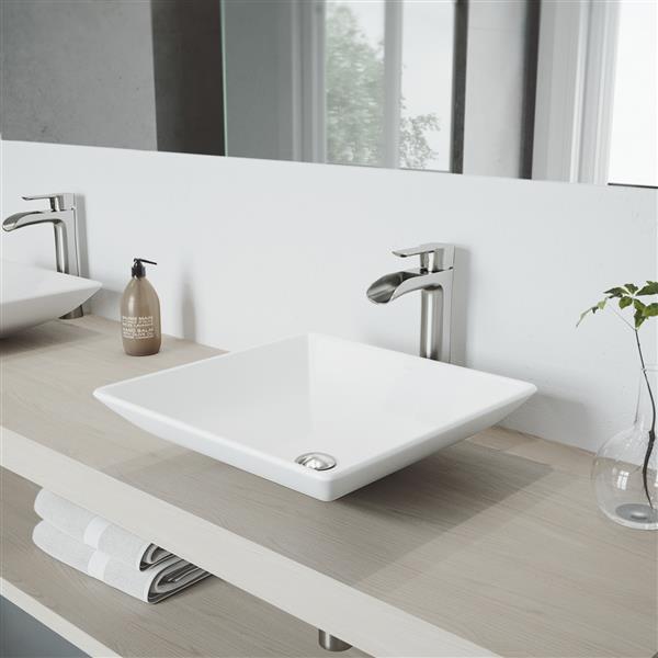 VIGO Hibiscus&nbsp;16-in Matte White Stone Square Vessel Bathroom Sink with Niko Faucet/Drain - Brushed Nickel