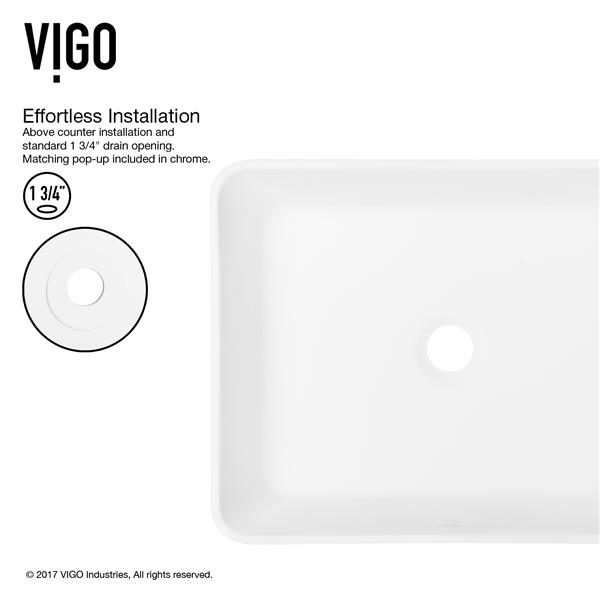 VIGO Marigold 14-in W x 18-in L White Matte Stone Rectangle Vessel Bathroom Sink with Niko Faucet and Pop-Up - Chrome