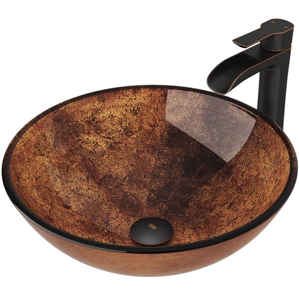 VIGO Glass&nbsp;17-in dia. Russet Round Vessel Bathroom Sink with Niko Faucet/Drain - Antique Rubbed Bronze