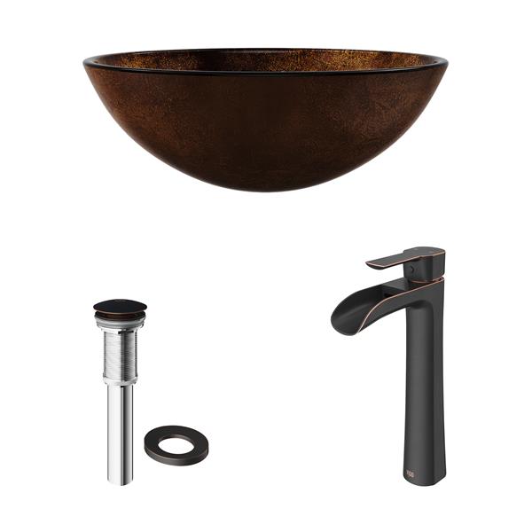 VIGO Glass&nbsp;17-in dia. Russet Round Vessel Bathroom Sink with Niko Faucet/Drain - Antique Rubbed Bronze