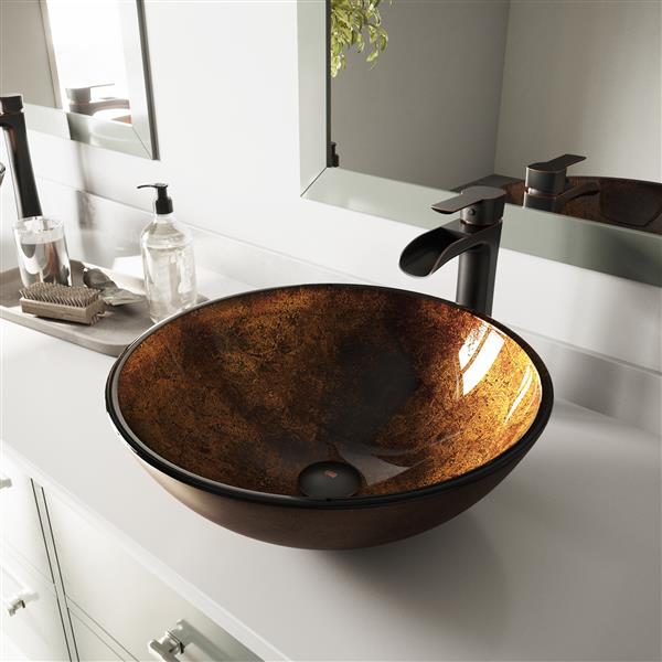 VIGO Glass&nbsp;17-in dia. Russet Round Vessel Bathroom Sink with Niko Faucet/Drain - Antique Rubbed Bronze