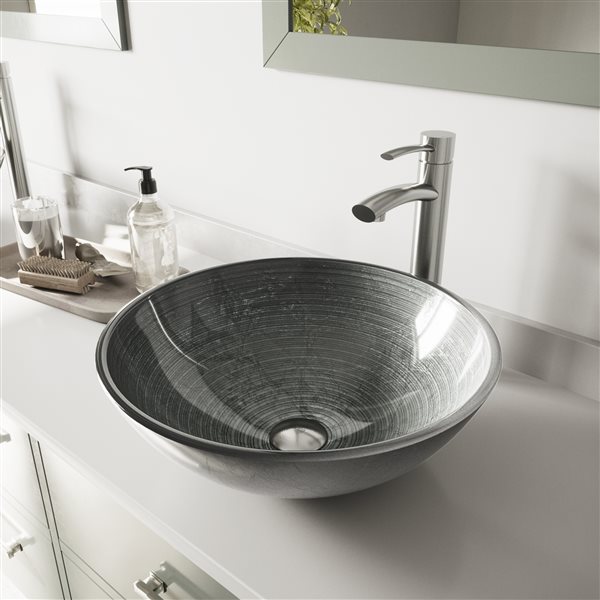 VIGO Glass&nbsp;17-in dia. Silver Round Vessel Bathroom Sink with Milo Faucet/Drain - Brushed Nickel