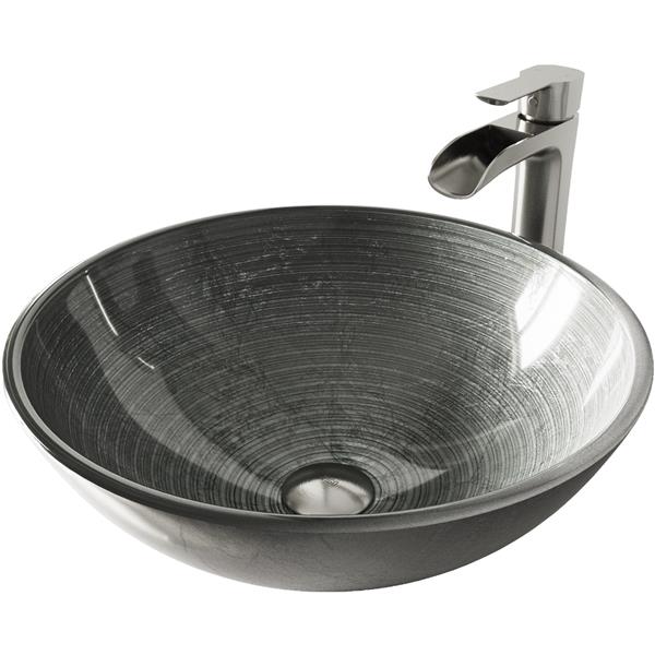 VIGO Glass&nbsp;17-in dia. Silver Round Vessel Bathroom Sink with Niko Faucet/Drain - Brushed Nickel