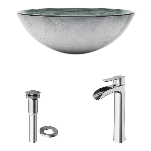 VIGO Glass&nbsp;17-in dia. Silver Round Vessel Bathroom Sink with Niko Faucet/Drain - Brushed Nickel