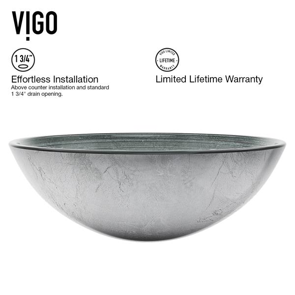 VIGO Glass&nbsp;17-in dia. Silver Round Vessel Bathroom Sink with Niko Faucet/Drain - Brushed Nickel