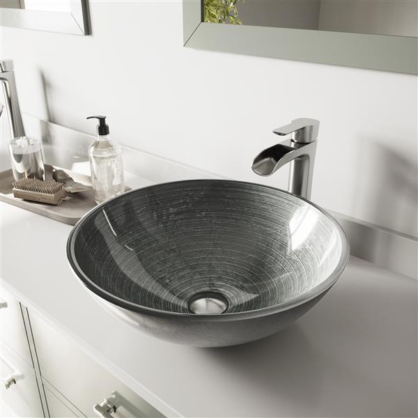 VIGO Glass&nbsp;17-in dia. Silver Round Vessel Bathroom Sink with Niko Faucet/Drain - Brushed Nickel