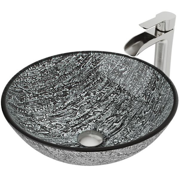 VIGO Glass&nbsp;17-in dia. Titanium Round Vessel Bathroom Sink with Niko Faucet/Drain - Brushed Nickel