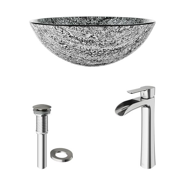 VIGO Glass&nbsp;17-in dia. Titanium Round Vessel Bathroom Sink with Niko Faucet/Drain - Brushed Nickel