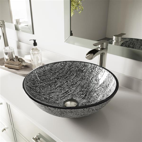 VIGO Glass&nbsp;17-in dia. Titanium Round Vessel Bathroom Sink with Niko Faucet/Drain - Brushed Nickel