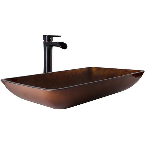VIGO Glass&nbsp;15-in W x&nbsp;23-in L Rectangle Russet Vessel Bathroom Sink with Niko Faucet/Drain - Antique Rubbed Bronze