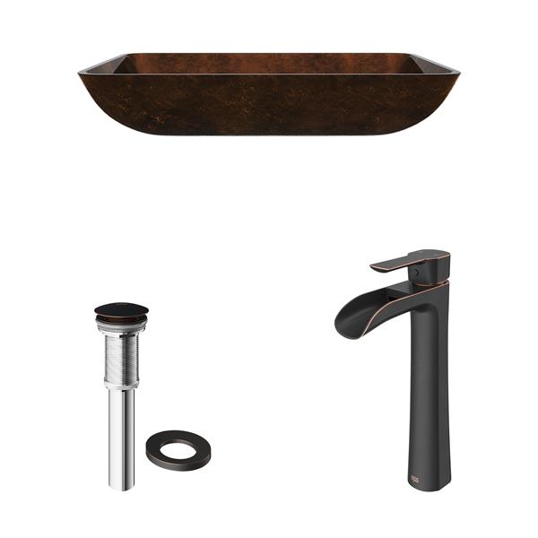 VIGO Glass&nbsp;15-in W x&nbsp;23-in L Rectangle Russet Vessel Bathroom Sink with Niko Faucet/Drain - Antique Rubbed Bronze