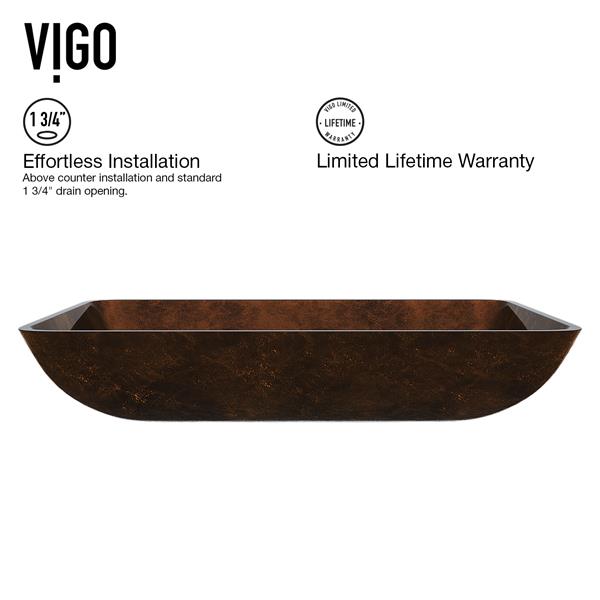VIGO Glass&nbsp;15-in W x&nbsp;23-in L Rectangle Russet Vessel Bathroom Sink with Niko Faucet/Drain - Antique Rubbed Bronze