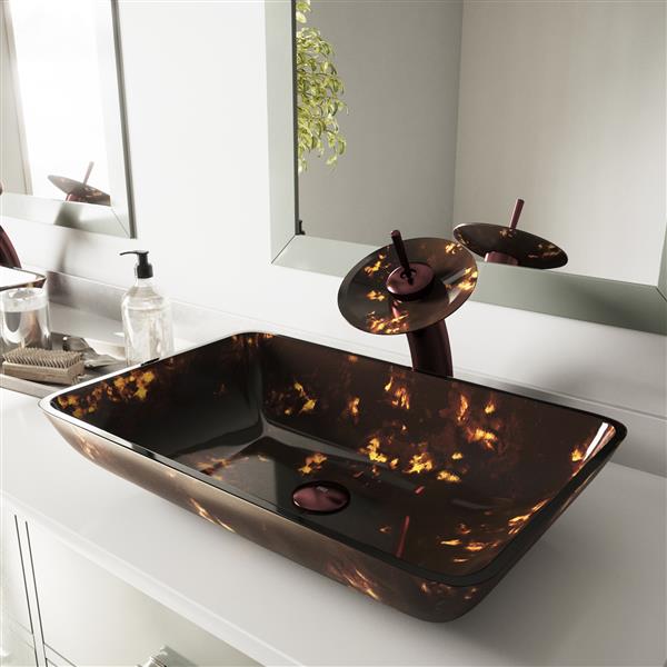 VIGO Glass Vessel Bathroom Sink & Waterfall Faucet - Bronze