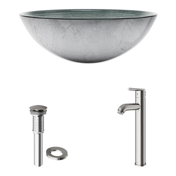 VIGO Glass&nbsp;17-in dia. Silver Round Vessel Bathroom Sink with Seville Faucet/Drain - Brushed Nickel