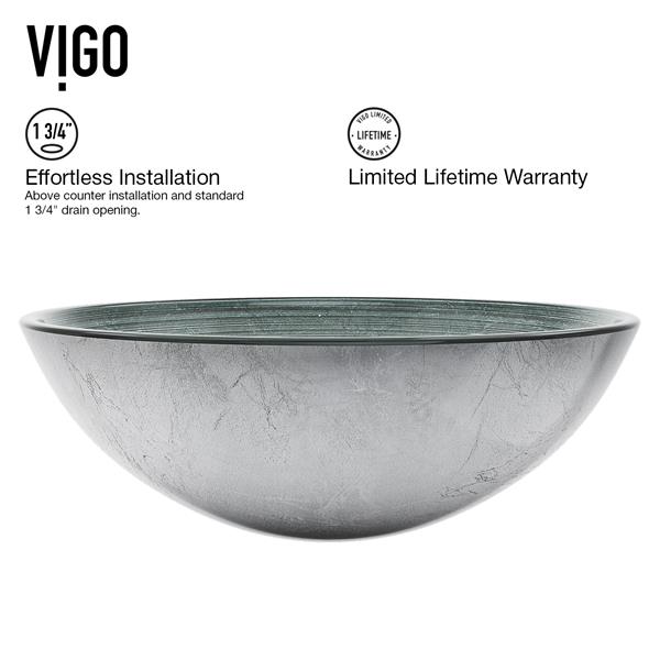 VIGO Glass&nbsp;17-in dia. Silver Round Vessel Bathroom Sink with Seville Faucet/Drain - Brushed Nickel