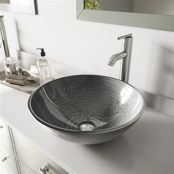 VIGO Glass&nbsp;17-in dia. Silver Round Vessel Bathroom Sink with Seville Faucet/Drain - Brushed Nickel