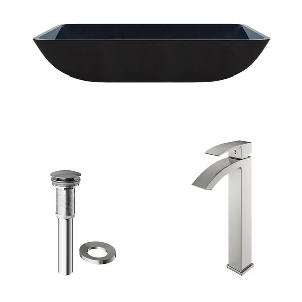 VIGO Glass&nbsp;13-in W x&nbsp;18-in L Blue Rectangle Vessel Bathroom Sink with Duris Faucet and Pop-Up Drain - Brushed Nickel