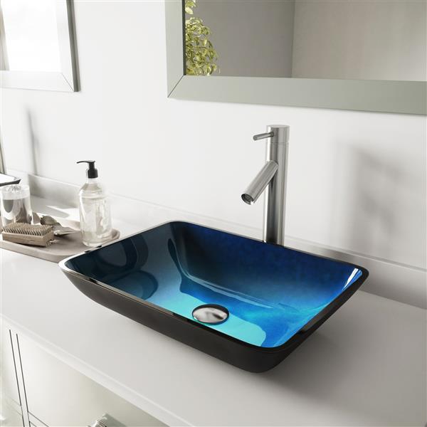 VIGO Glass&nbsp;13-in W x&nbsp;18-in L Blue Rectangle Vessel Bathroom Sink with Dior Faucet and Pop-Up - Brushed Nickel