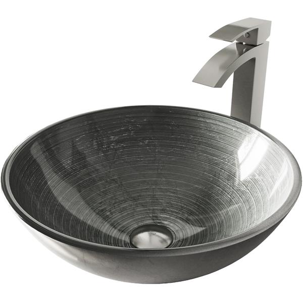 VIGO Glass&nbsp;17-in dia. Silver Round Vessel Bathroom Sink with Duris Faucet/Drain - Brushed Nickel
