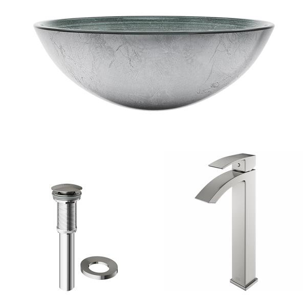 VIGO Glass&nbsp;17-in dia. Silver Round Vessel Bathroom Sink with Duris Faucet/Drain - Brushed Nickel