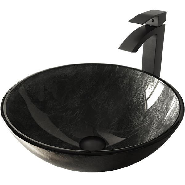 VIGO Glass&nbsp;17-in dia. Onyx Round Vessel Bathroom Sink with Duris Faucet/Drain - Matte Black
