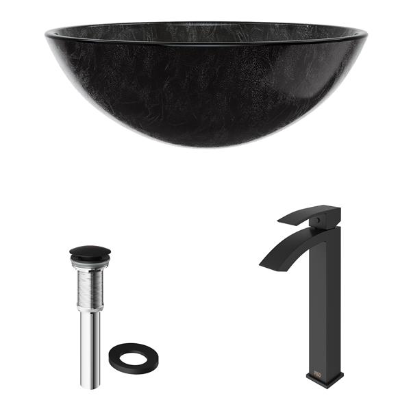 VIGO Glass&nbsp;17-in dia. Onyx Round Vessel Bathroom Sink with Duris Faucet/Drain - Matte Black