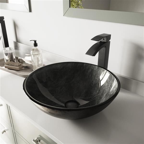 VIGO Glass&nbsp;17-in dia. Onyx Round Vessel Bathroom Sink with Duris Faucet/Drain - Matte Black