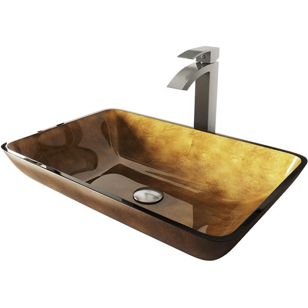 VIGO Glass&nbsp;15-in W x&nbsp;22-in L Rectangle Copper Vessel Bathroom Sink with Duris Faucet/Drain - Brushed Nickel