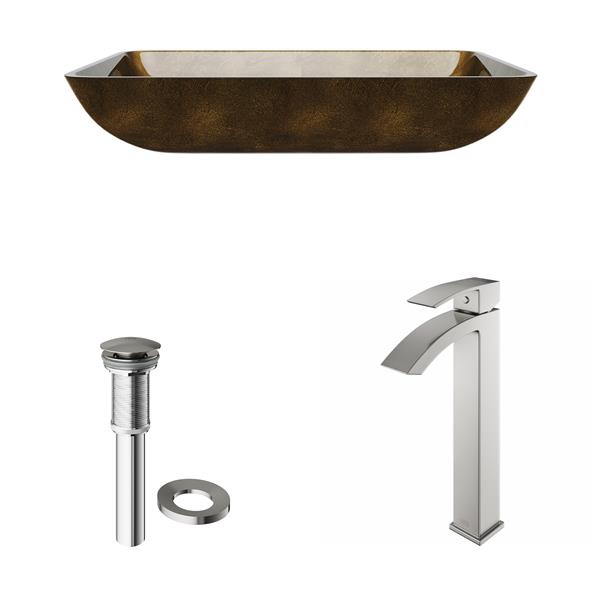 VIGO Glass&nbsp;15-in W x&nbsp;22-in L Rectangle Copper Vessel Bathroom Sink with Duris Faucet/Drain - Brushed Nickel